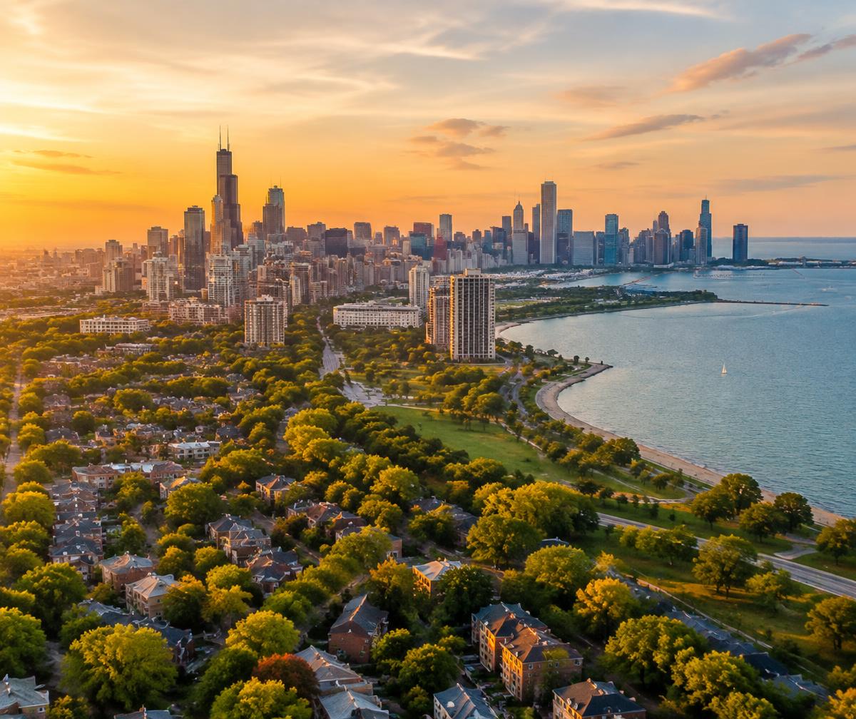 Aerial view of the Chicago skyline, lakefront, and surrounding neighborhoods