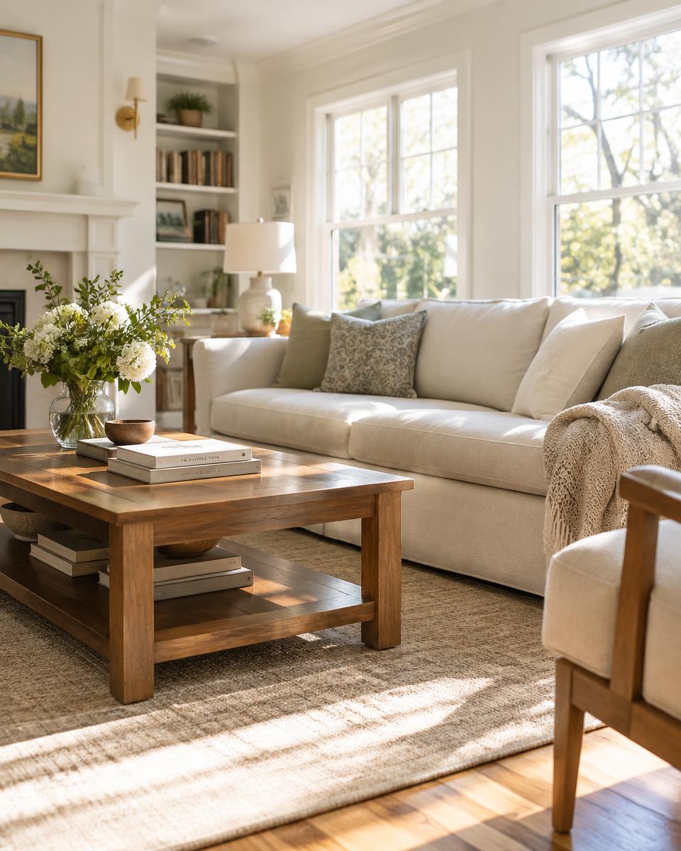 Bright, freshly cleaned living room with gleaming surfaces and natural light